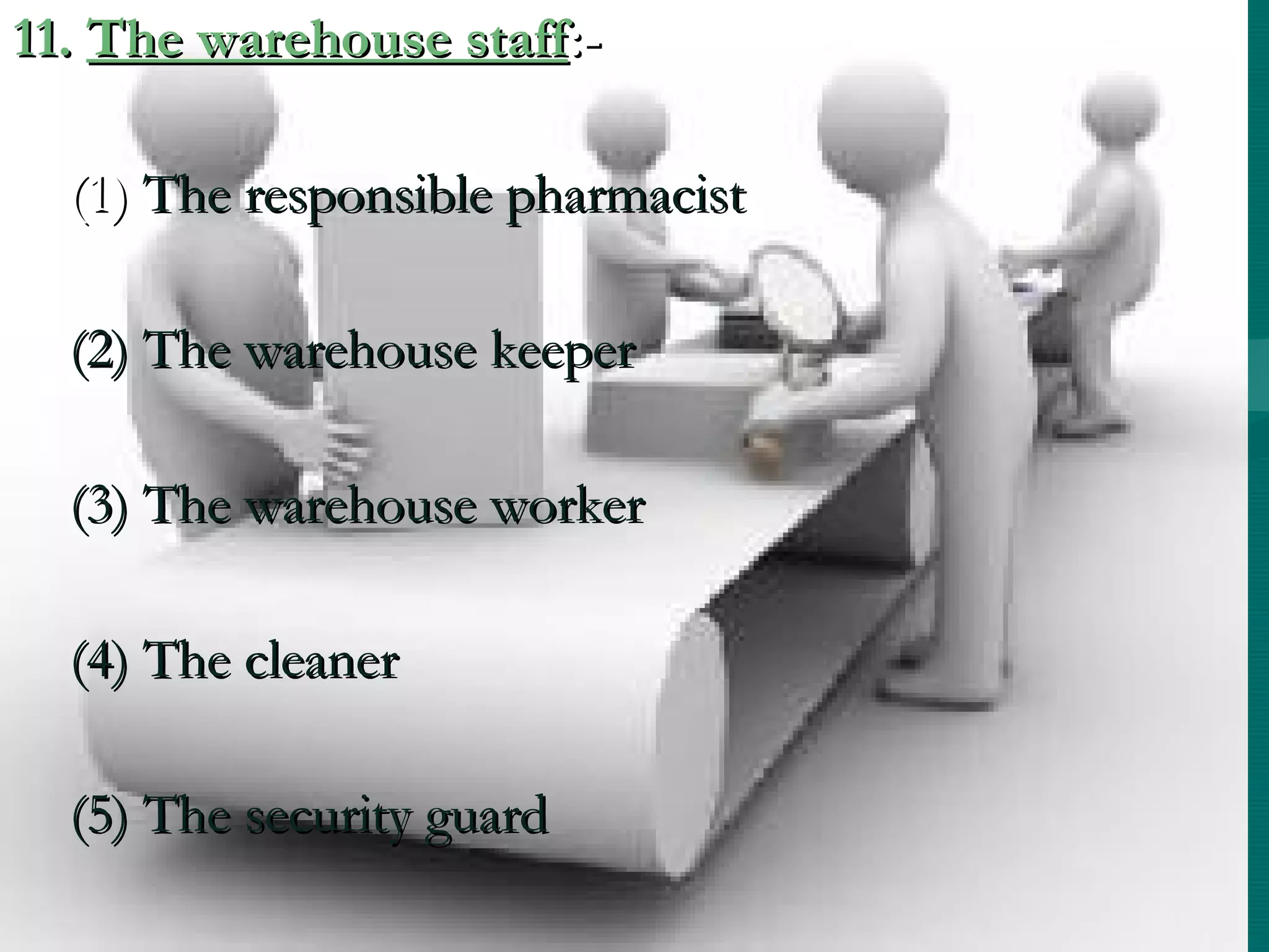 11. The warehouse staff:-

  (1) The responsible pharmacist

  (2) The warehouse keeper

  (3) The warehouse worker

  (4) The cleaner

  (5) The security guard
 