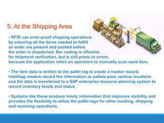 5. At the Shipping Area
• RFID can error-proof shipping operations
by ensuring all the items needed to fulfill
an order are present and packed before
the order is dispatched. Bar coding is effective
for shipment verification, but is still prone to errors
because the application relies on operators to manually scan each item.
• The item data is written to the pallet tag to create a master record.
Intellitag readers record the information as pallets pass various locations
and the data is transferred to a SAP enterprise resource planning system to
record inventory levels and status.
• Systems like these produce timely information that improves visibility and
provides the flexibility to utilize the pallet tags for other tracking, shipping
and receiving operations.

 