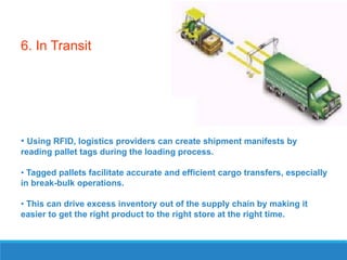 6. In Transit

• Using RFID, logistics providers can create shipment manifests by
reading pallet tags during the loading process.
• Tagged pallets facilitate accurate and efficient cargo transfers, especially
in break-bulk operations.

• This can drive excess inventory out of the supply chain by making it
easier to get the right product to the right store at the right time.

 