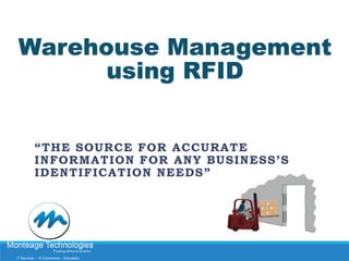Warehouse Management
using RFID
“THE SOURCE FOR ACCURATE
INFORMATION FOR ANY BUSINESS’S
IDENTIFICATION NEEDS”

 