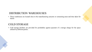 DISTRIBUTION WAREHOUSES
• These warehouses are located close to the manufacturing concerns or consuming areas and time taken for
transit
COLD STORAGE
• Cold storage facilities are provided for perishables against payment of a storage charge for the space
utilized by different parties.
 