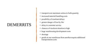 DEMERRITS
• transportcost maximum unless in bulk quantity
• increased material handlingcosts
• possibility of resultant delays
• greater danger of loss by fire
• delay in customer service
• chances of stockout situation is high
• huge warehousing development costs
• shortage
• goods at one warehouse from anotherrequire additional
transportation costs
 