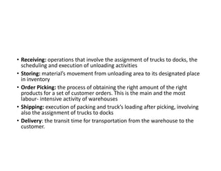 • Receiving: operations that involve the assignment of trucks to docks, the
scheduling and execution of unloading activities
• Storing: material’s movement from unloading area to its designated place
in inventory
• Order Picking: the process of obtaining the right amount of the right
products for a set of customer orders. This is the main and the most
labour- intensive activity of warehouses
• Shipping: execution of packing and truck’s loading after picking, involving
also the assignment of trucks to docks
• Delivery: the transit time for transportation from the warehouse to the
customer.
 