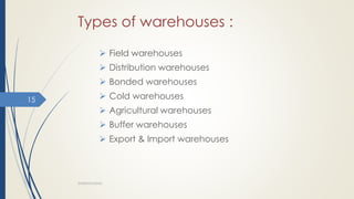 Types of warehouses :
 Field warehouses
 Distribution warehouses
 Bonded warehouses
 Cold warehouses
 Agricultural warehouses
 Buffer warehouses
 Export & Import warehouses
WAREHOUSING
15
 