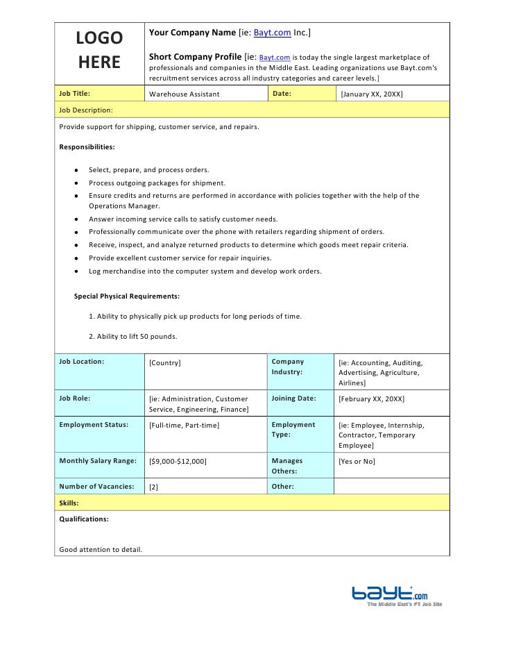 logo hereyour company name ie baytcom incshort company profile warehouse assistant job description
