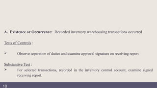 A. Existence or Occurrence: Recorded inventory warehousing transactions occurred
Tests of Controls :
 Observe separation of duties and examine approval signature on receiving report
Substantive Test :
 For selected transactions, recorded in the inventory control account, examine signed
receiving report.
10
 