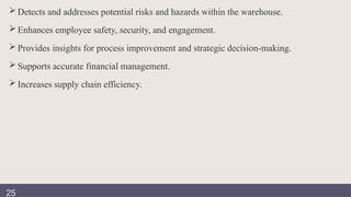  Detects and addresses potential risks and hazards within the warehouse.
 Enhances employee safety, security, and engagement.
 Provides insights for process improvement and strategic decision-making.
 Supports accurate financial management.
 Increases supply chain efficiency.
25
 