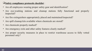 Documentation
review
Safety compliance protocols checklist :
• Are all employees wearing proper safety gear and identification?
• Are eye-washing stations and cleanup stations fully functional and properly
inspected?
• Are fire extinguishers appropriately placed and maintained/inspected?
• Are spill cleanup kits available where chemicals are stored?
• Are chemicals properly marked?
• Are emergency exits and other safety features clearly marked?
• Are proper security measures in place to restrict warehouse access to fully vetted
personnel only?
30
 