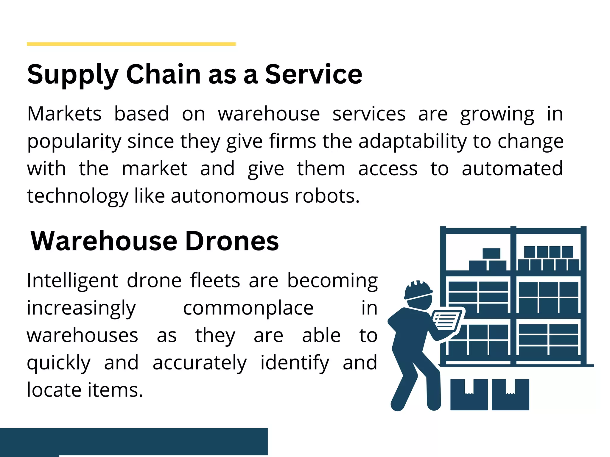 Markets based on warehouse services are growing in
popularity since they give firms the adaptability to change
with the market and give them access to automated
technology like autonomous robots.
Supply Chain as a Service
Warehouse Drones
Intelligent drone fleets are becoming
increasingly commonplace in
warehouses as they are able to
quickly and accurately identify and
locate items.
 