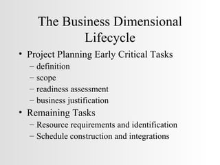The Business Dimensional Lifecycle Project Planning Early Critical Tasks definition scope readiness assessment business justification Remaining Tasks Resource requirements and identification Schedule construction and integrations 
