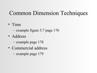 Common Dimension Techniques Time example figure 5.7 page 176 Address example page 178 Commercial address example page 179 
