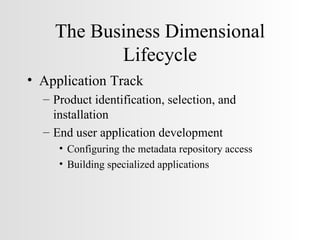 The Business Dimensional Lifecycle Application Track Product identification, selection, and installation End user application development Configuring the metadata repository access Building specialized applications 