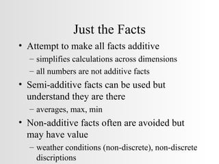 Just the Facts Attempt to make all facts additive simplifies calculations across dimensions all numbers are not additive facts Semi-additive facts can be used but understand they are there averages, max, min Non-additive facts often are avoided but may have value weather conditions (non-discrete), non-discrete discriptions 
