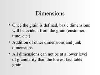 Dimensions Once the grain is defined, basic dimensions will be evident from the grain (customer, time, etc.) Addition of other dimensions and junk dimensions All dimensions can not be at a lower level of granularity than the lowest fact table grain 