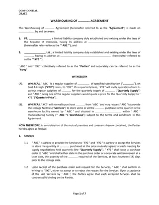 CONFIDENTIAL
DRAFT
Page 1 of 7
WAREHOUSING OF ............. AGREEMENT
This Warehousing of ............. Agreement (hereina...