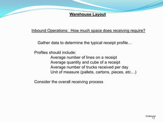 Warehouse Layout


Inbound Operations: How much space does receiving require?


   Gather data to determine the typical receipt profile…

 Profiles should include:
           Average number of lines on a receipt
           Average quantity and cube of a receipt
           Average number of trucks received per day
           Unit of measure (pallets, cartons, pieces, etc…)

 Consider the overall receiving process




                                                              Outbound
                                                                   12
 