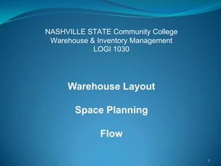 NASHVILLE STATE Community College
 Warehouse & Inventory Management
            LOGI 1030




     Warehouse Layout

       Space Planning

             Flow

                                    1
 