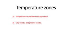 Temperature zones
A) Temperature-controlled storage areas.
B) Cold rooms and freezer rooms.