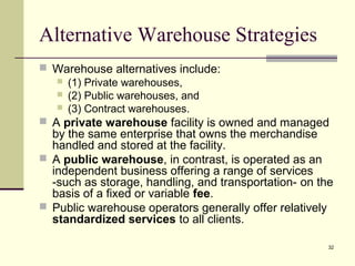 32 
Alternative Warehouse Strategies 
 Warehouse alternatives include: 
 (1) Private warehouses, 
 (2) Public warehouses, and 
 (3) Contract warehouses. 
 A private warehouse facility is owned and managed 
by the same enterprise that owns the merchandise 
handled and stored at the facility. 
 A public warehouse, in contrast, is operated as an 
independent business offering a range of services 
-such as storage, handling, and transportation- on the 
basis of a fixed or variable fee. 
 Public warehouse operators generally offer relatively 
standardized services to all clients. 
 