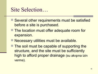 45 
Site Selection… 
 Several other requirements must be satisfied 
before a site is purchased. 
 The location must offer adequate room for 
expansion. 
 Necessary utilities must be available. 
 The soil must be capable of supporting the 
structure, and the site must be sufficiently 
high to afford proper drainage (su akışına izin 
verme). 
 