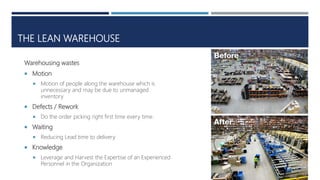 THE LEAN WAREHOUSE
Warehousing wastes
 Motion
 Motion of people along the warehouse which is
unnecessary and may be due to unmanaged
inventory
 Defects / Rework
 Do the order picking right first time every time.
 Waiting
 Reducing Lead time to delivery
 Knowledge
 Leverage and Harvest the Expertise of an Experienced
Personnel in the Organization
 