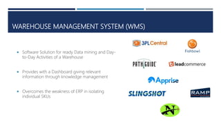 WAREHOUSE MANAGEMENT SYSTEM (WMS)
 Software Solution for ready Data mining and Day-
to-Day Activities of a Warehouse
 Provides with a Dashboard giving relevant
information through knowledge management
 Overcomes the weakness of ERP in isolating
individual SKUs
 