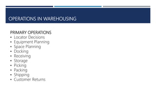 OPERATIONS IN WAREHOUSING
PRIMARY OPERATIONS
• Locator Decisions
• Equipment Planning
• Space Planning
• Docking
• Receiving
• Storage
• Picking
• Packing
• Shipping
• Customer Returns
 