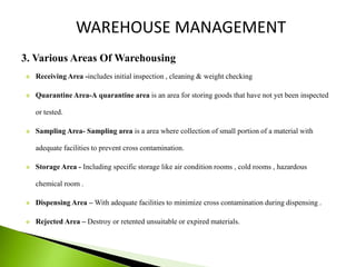 3. Various Areas Of Warehousing
 Receiving Area -includes initial inspection , cleaning & weight checking
 Quarantine Ar...