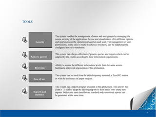 TOOLS

Security

Generic queries

Browsing

The system enables the management of users and user groups by managing the
access security of the application, the use and visualization of its different options
and restrictions on the operations placed on each user. The management of user
permissions, in the case of multi-warehouse structures, can be independently
configured for each warehouse.
The system has a large collection of generic queries and reports which can be
adapted by the clients according to their information requirements.

Ability to access the different information levels from the same screen,
facilitating improved ergonomics of the application.

Ease of use

The system can be used from the radiofrequency terminal, a fixed PC station
or with the assistance of paper support.

Reports and
statistics

The system has a report designer installed in the application. This allows the
client’s IT staff to adapt the existing reports to their needs or to create new
reports. Within the same installation, standard and customised reports can
be generated at the same time.

76

 
