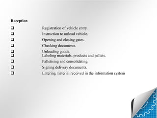 Reception



Registration of vehicle entry.
Instruction to unload vehicle.




Opening and closing gates.
Checking documents.







Unloading goods.
Labeling materials, products and pallets.
Palletising and consolidating.
Signing delivery documents.
Entering material received in the information system

 