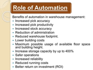 Role of Automation
Benefits of automation in warehouse management:
 Increased pick accuracy
 Increased pick productivity
 Increased stock accuracy
 Reduction of administration
 Reduced warehouse footprint.
 Lower building costs
 Maximum possible usage of available floor space
and building height.
 Increase storage capacity by up to 400%
 Safer operations
 Increased reliability
 Reduced running costs
 Better return on investment (ROI)
 