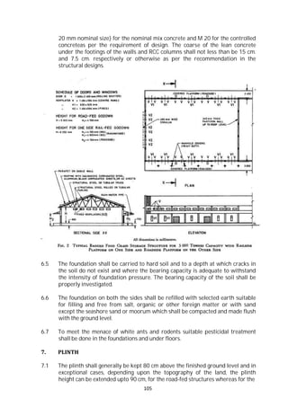 105
20 mm nominal size) for the nominal mix concrete and M 20 for the controlled
concreteas per the requirement of design. The coarse of the lean concrete
under the footings of the walls and RCC columns shall not less than be 15 cm.
and 7.5 cm. respectively or otherwise as per the recommendation in the
structural designs.
6.5 The foundation shall be carried to hard soil and to a depth at which cracks in
the soil do not exist and where the bearing capacity is adequate to withstand
the intensity of foundation pressure. The bearing capacity of the soil shall be
properly investigated.
6.6 The foundation on both the sides shall be refilled with selected earth suitable
for filling and free from salt, organic or other foreign matter or with sand
except the seashore sand or moorum which shall be compacted and made flush
with the ground level.
6.7 To meet the menace of white ants and rodents suitable pesticidal treatment
shall be done in the foundations and under floors.
7. PLINTH
7.1 The plinth shall generally be kept 80 cm above the finished ground level and in
exceptional cases, depending upon the topography of the land, the plinth
height can be extended upto 90 cm, for the road-fed structures whereas for the
 