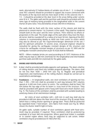 110
work, alternatively CC hollow blocks of suitable size of mix 1 : 3 : 6 should be
used. RCC columns should be provided to support the trusses connected with
the beams at the top level and one more beam of RCC in the concrete mix 1 :
1.5 : 3 should be provided at the door level in the areas falling under seismic
zone IV & V. The gable wall and the partition wall should be provided with the
same type of masonry being provided in the longitudinal walls in the cement
mortar of same ratio / mix and shall be at least 340 mm in thickness.
The walls shall be flush with the inner surface of the column and shall be
plastered in cement mortar 1:6 (1cement: 6 fine sand). They shall be rendered
smooth both on the outer and the inner surfaces. There shall be no offsets or
projections in the wall. The inside edges of the wall where they meet the floor,
all corner shall be rounded off to a radius of at least 50 mm. Spacing of the RCC
columns is recommending ideally as 4650 mm from centre to centre which
may also be altered as per the requirement/design/ dimension of the site /
plot for optimum utilization. In seismic areas, structural engineer should be
consulted for giving the earthquake resistant designs of the structure and
criteria for earthquake resistant designs of structures as per IS 1893 and for
earthquake resistant construction as per IS 4326 shall be followed.
NOTE – Where modular bricks are used according to IS 1077, thickness of the
walls may be kept as 300 mm (nominal) for the longitudinal and intermediate
partition walls and 400 mm (nominal) for the gable walls.
10. DOORS AND VENTILATORS
10.1 A door shall be provided preferably opposite each gangway. The doors shall be
of rolling shutters and fixed into suitable prepared openings. The doors shall
be not less than 1830 × 2450 mm (see Fig. 6). Regular and periodical
inspections and maintenance of the rolling shutters should be carried out to
avoid defects and damages.
10.2 Ventilators — In longitudinal walls, one steel ventilators of opening not less
than 1 494 × 594 mm shall be provided in each bay between RCC columns
spaced at 4 650 mm from centre to centre. The ventilators shall be fixed 150
mm below the top edge of the tie beam i.e. truss level of the structure. They
shall be provided with glazed centre hung with fixed wire-mesh shutters (see
Fig. 7). The frames of the ventilators shall be provided with suitable beading to
avoid any chance of air and moisture leakage.
Air inlets of steel ventilator 620 × 620 mm in each bay shall also be
provided at 600 mm above the floor level of the structure (Fig. 8) except those
which have a rolling shutter opening or garage door. These shall be protected
by expanded metal / hard drawn wire fabric from inside (see Fig. 8). When
closed, the shutter shall fit tight in frame.
On gable walls, suitable number of steel ventilators glazed with fixed wire-
mesh may be provided, if required. These ventilators shall be protected by
sunshade of at least 460 mm projection. Where good local timber is available
or in coastal region where steel may be subjected to salt action, timber
ventilators may be provided [see IS 1003 (Part II)].
11. ROOF
 