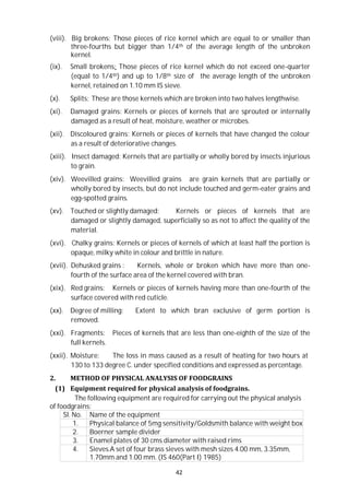 42
Sl. No. Name of the equipment
1. Physical balance of 5mg sensitivity/Goldsmith balance with weight box
2. Boerner sample divider
3. Enamel plates of 30 cms diameter with raised rims
4. Sieves.A set of four brass sieves with mesh sizes 4.00 mm, 3.35mm,
1.70mm and 1.00 mm. (IS 460(Part I) 1985)
(viii). Big brokens: Those pieces of rice kernel which are equal to or smaller than
three-fourths but bigger than 1/4th of the average length of the unbroken
kernel.
(ix). Small brokens: Those pieces of rice kernel which do not exceed one-quarter
(equal to 1/4th) and up to 1/8th size of the average length of the unbroken
kernel, retained on 1.10 mm IS sieve.
(x). Splits: These are those kernels which are broken into two halves lengthwise.
(xi). Damaged grains: Kernels or pieces of kernels that are sprouted or internally
damaged as a result of heat, moisture, weather or microbes.
(xii). Discoloured grains: Kernels or pieces of kernels that have changed the colour
as a result of deteriorative changes.
(xiii). Insect damaged: Kernels that are partially or wholly bored by insects injurious
to grain.
(xiv). Weevilled grains: Weevilled grains are grain kernels that are partially or
wholly bored by insects, but do not include touched and germ-eater grains and
egg-spotted grains.
(xv). Touched or slightly damaged: Kernels or pieces of kernels that are
damaged or slightly damaged, superficially so as not to affect the quality of the
material.
(xvi). Chalky grains: Kernels or pieces of kernels of which at least half the portion is
opaque, milky white in colour and brittle in nature.
(xvii). Dehusked grains : Kernels, whole or broken which have more than one-
fourth of the surface area of the kernel covered with bran.
(xix). Red grains: Kernels or pieces of kernels having more than one-fourth of the
surface covered with red cuticle.
(xx). Degree of milling: Extent to which bran exclusive of germ portion is
removed.
(xxi). Fragments: Pieces of kernels that are less than one-eighth of the size of the
full kernels.
(xxii). Moisture: The loss in mass caused as a result of heating for two hours at
130 to 133 degree C. under specified conditions and expressed as percentage.
2. METHOD OF PHYSICAL ANALYSIS OF FOODGRAINS
(1) Equipment required for physical analysis of foodgrains.
The following equipment are required for carrying out the physical analysis
of foodgrains:
 