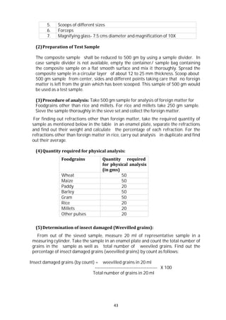 43
5. Scoops of different sizes
6. Forceps
7. Magnifying glass- 7.5 cms diameter and magnification of 10X
(2)Preparation of Test Sample
The composite sample shall be reduced to 500 gm by using a sample divider. In
case sample divider is not available, empty the container/ sample bag containing
the composite sample on a flat smooth surface and mix it thoroughly. Spread the
composite sample in a circular layer of about 12 to 25 mm thickness. Scoop about
500 gm sample from center, sides and different points taking care that no foreign
matter is left from the grain which has been scooped. This sample of 500 gm would
be used as a test sample.
(3)Procedure of analysis: Take 500 gm sample for analysis of foreign matter for
Foodgrains other than rice and millets. For rice and millets take 250 gm sample.
Sieve the sample thoroughly in the sieve set and collect the foreign matter.
For finding out refractions other than foreign matter, take the required quantity of
sample as mentioned below in the table in an enamel plate, separate the refractions
and find out their weight and calculate the percentage of each refraction. For the
refractions other than foreign matter in rice, carry out analysis in duplicate and find
out their average.
(4)Quantity required for physical analysis:
Foodgrains Quantity required
for physical analysis
(in gms)
Wheat 50
Maize 50
Paddy 20
Barley 50
Gram 50
Rice 20
Millets 20
Other pulses 20
(5)Determination of insect damaged (Weevilled grains):
From out of the sieved sample, measure 20 ml of representative sample in a
measuring cylinder. Take the sample in an enamel plate and count the total number of
grains in the sample as well as total number of weeviled grains. Find out the
percentage of insect damaged grains (weevilled grains) by count as follows:
Insect damaged grains (by count) = weevilled grains in 20 ml
----------------------------------------- X 100
Total number of grains in 20 ml
 