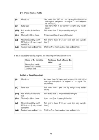 72
(iv) Wheat flour or Maida
(i) Moisture Not more than 14.0 per cent by weight (obtained by
heating the sample at 130 degree C – 133 degree C
for two hours).
(ii) Total ash Not more than 1 per cent by weight (dry weight
basis)
(iii) Ash insoluble in dilute
Hcl
Not more than 0.10 per cent by weight
(iv) Gluten (not less than) 7.5 per cent( on dry weight basis)
(v) Alcoholic acidity (with
90% alcohol) expressed
as H2SO4
Not more than 0.12 per cent (on dry weight
basis)
(vi) Rodent hair and excreta Shall be free from rodent hair and excreta
If it is to be used for baking purpose, the following limits have been fixed:
Name of the chemical Maximum limit allowed (in
ppm)
Benzoyl per oxide 40
Potassium bromide 20
Ascorbic acid 200
(v) Suji or Rava (Samolina)
(i) Moisture Not more than 14.5 per cent by weight (obtained by
heating the sample at 130 degree C – 133 degree C for
two hours).
(ii) Total ash Not more than 1 per cent by weight (dry weight
basis)
(iii) Ash insoluble in dilute
Hcl
Not more than 0.10 per cent by weight
(iv) Gluten (not less than) 6 per cent ( on dry weight basis)
(v) Alcoholic acidity (with
90% alcohol) expressed
as H2SO4
Not more than 0.18 per cent (on dry weight
basis)
(vi) Rodent hair and excreta Shall be free from rodent hair and excreta
 