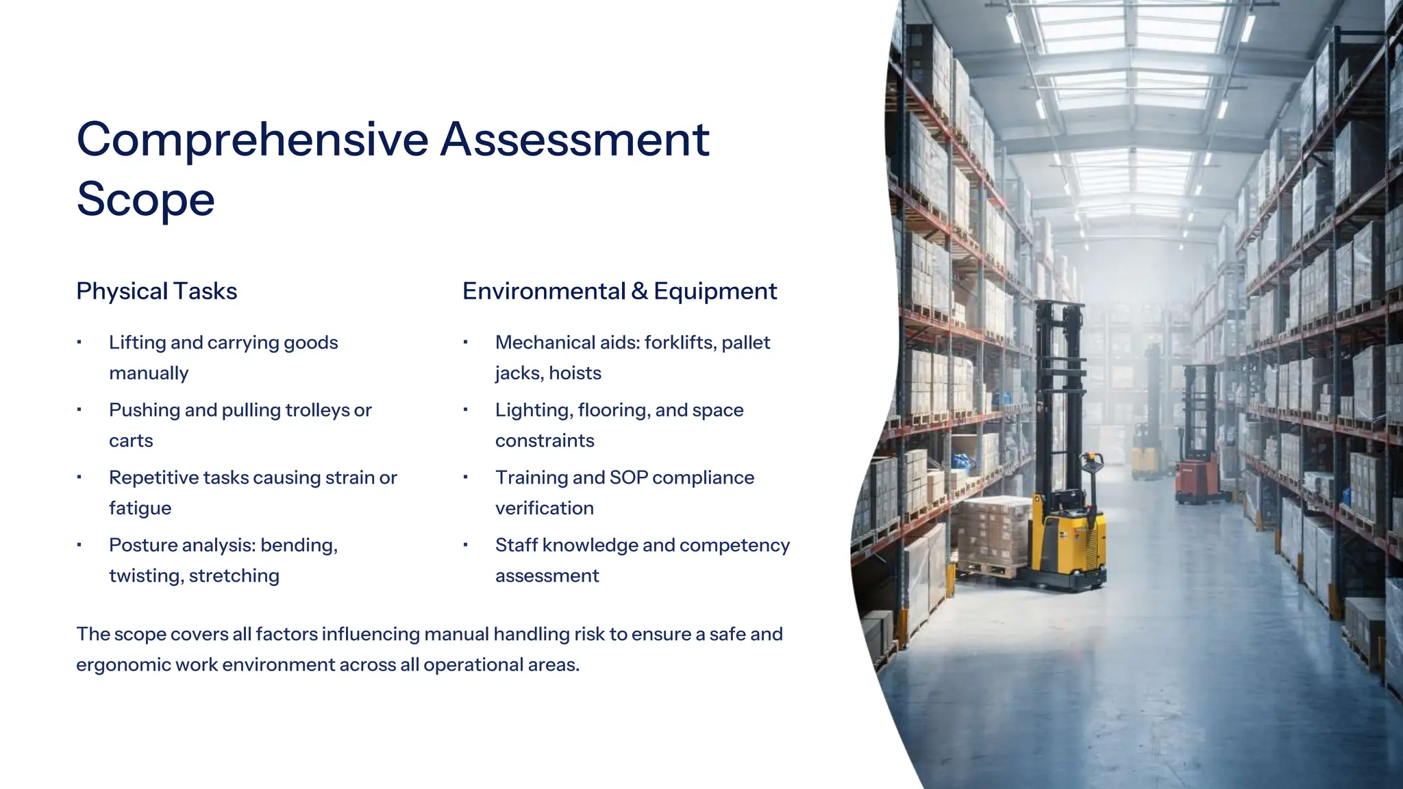 Comprehensive Assessment
Scope
Physical Tasks
• Lifting and carrying goods
manually
• Pushing and pulling trolleys or
carts
• Repetitive tasks causing strain or
fatigue
• Posture analysis: bending,
twisting, stretching
Environmental & Equipment
• Mechanical aids: forklifts, pallet
jacks, hoists
• Lighting, flooring, and space
constraints
• Training and SOP compliance
verification
• Staff knowledge and competency
assessment
The scope covers all factors influencing manual handling risk to ensure a safe and
ergonomic work environment across all operational areas.
 