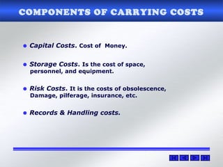 COMPONENTS OF CARRYING COSTS
• Capital Costs. Cost of Money.
• Storage Costs. Is the cost of space,
personnel, and equipment.
• Risk Costs. It is the costs of obsolescence,
Damage, pilferage, insurance, etc.
• Records & Handling costs.
 