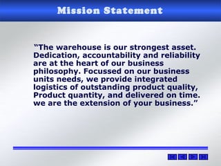 Mission Statement
“The warehouse is our strongest asset.
Dedication, accountability and reliability
are at the heart of our business
philosophy. Focussed on our business
units needs, we provide integrated
logistics of outstanding product quality,
Product quantity, and delivered on time.
we are the extension of your business.”
 