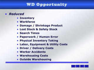 • Reduced
• Inventory
• Workforce
• Damage / Shrinkage Product
• Lost Stock & Safety Stock
• Search Times
• Paperwork / Human Error
• Physical Inventory Taking
• Labor, Equipment & Utility Costs
• Driver / Delivery Costs
• Worker Accidents
• Warehousing Costs
• Outside Warehousing
WD Opportunity
 