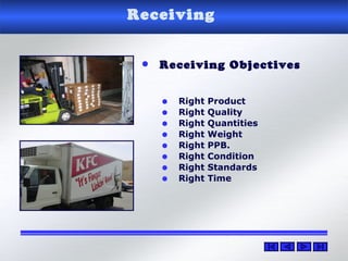 Receiving
• Receiving Objectives
• Right Product
• Right Quality
• Right Quantities
• Right Weight
• Right PPB.
• Right Condition
• Right Standards
• Right Time
 