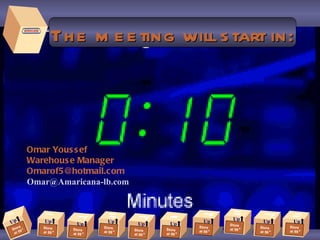 The meeting will start in: Omar Youssef  Warehouse Manager [email_address] [email_address] 