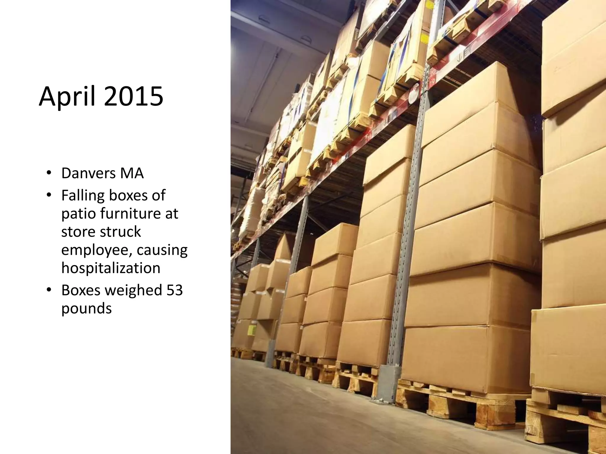 April 2015
• Danvers MA
• Falling boxes of
patio furniture at
store struck
employee, causing
hospitalization
• Boxes weighed 53
pounds
 