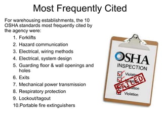 Most Frequently Cited
For warehousing establishments, the 10
OSHA standards most frequently cited by
the agency were:
1. Forklifts
2. Hazard communication
3. Electrical, wiring methods
4. Electrical, system design
5. Guarding floor & wall openings and
holes
6. Exits
7. Mechanical power transmission
8. Respiratory protection
9. Lockout/tagout
10.Portable fire extinguishers
 
