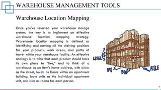 WAREHOUSE MANAGEMENT TOOLS
Warehouse Location Mapping
Once you’ve selected your warehouse storage
system, the key is to implement an effective
warehouse location mapping strategy.
Warehouse location mapping is defined as
identifying and naming all the shelving positions
for your products, work areas, and paths of
travel within your warehouse facility. An effective
analogy is to think that each product should have
its own place to “live,” and to think of a
warehouse as an item’s home address, with aisles
as the street, levels as floors within an apartment
building, bays units as the individual apartment
unit, and bins as rooms for each person.
 