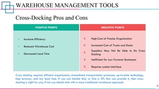 WAREHOUSE MANAGEMENT TOOLS
Cross-Docking Pros and Cons
Cross docking requires efficient organization, streamlined transportation processes, up-to-date technology,
high turnover, and low lead time. If you can handle that, or find a 3PL that can provide it, then cross-
docking is right for you, if not you should stick with a more traditional warehouse approach.
POSITIVE POINTS NEGATIVE POINTS
✓ Increase Efficiency
✓ Reduced Warehouse Cost
✓ Decreased Lead Time
X High-Cost of Precise Organization
X Increased Cost of Trucks and Docks
X
Suppliers May Not Be Able to Do Cross
Docking
X Inefficient for Low-Turnover Businesses
X Requires system interface
 