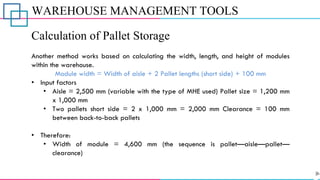 WAREHOUSE MANAGEMENT TOOLS
Calculation of Pallet Storage
Another method works based on calculating the width, length, and height of modules
within the warehouse.
Module width = Width of aisle + 2 Pallet lengths (short side) + 100 mm
• Input factors
• Aisle = 2,500 mm (variable with the type of MHE used) Pallet size = 1,200 mm
x 1,000 mm
• Two pallets short side = 2 x 1,000 mm = 2,000 mm Clearance = 100 mm
between back-to-back pallets
• Therefore:
• Width of module = 4,600 mm (the sequence is pallet—aisle—pallet—
clearance)
 