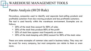 WAREHOUSE MANAGEMENT TOOLS
Pareto Analysis (80/20 Rule)
Nowadays, companies used to identify and separate best-selling products and
profitable customers from slow-moving products and less profitable customers.
The tool is used heavily within the warehouse environment. Examples are as
follows:
• 20% of the stock lines account for 80% of sales
• 20% of the stock lines produce 80% of the profit
• 20% of stock lines appear most frequently on orders
• 20% of the stock-keeping units (SKU) account for 80% of the stock value
These are some examples of common rules used in business today. They may not
be exact for every company, but most companies can relate to them or even
more.
 