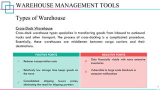 WAREHOUSE MANAGEMENT TOOLS
Types of Warehouse
Cross-Dock Warehouse
Cross-dock warehouse types specialize in transferring goods from inbound to outbound
trucks and other transport. The process of cross-docking is a complicated procedure.
Essentially, these warehouses are middlemen between cargo carriers and their
destinations.
✓ Reduces transportation costs
POSITIVE POINTS
X
X
Only financially viable with more extensive
inventories
Vulnerable to large scale blackouts or
computer malfunctions
NEGATIVE POINTS
✓
Consolidated shipping lowers prices,
eliminating the need for shipping partners
✓
Relatively low storage time keeps goods on
the move
 