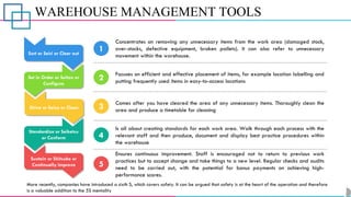 WAREHOUSE MANAGEMENT TOOLS
Sort or Seiri or Clear out
Set in Order or Seiton or
Configure
Standardize or Seiketsu
or Conform
Sustain or Shitsuke or
Continually improve
Shine or Seiso or Clean
1
2
3
4
5
Concentrates on removing any unnecessary items from the work area (damaged stock,
over-stocks, defective equipment, broken pallets). It can also refer to unnecessary
movement within the warehouse.
Focuses on efficient and effective placement of items, for example location labelling and
putting frequently used items in easy-to-access locations
Comes after you have cleared the area of any unnecessary items. Thoroughly clean the
area and produce a timetable for cleaning
Is all about creating standards for each work area. Walk through each process with the
relevant staff and then produce, document and display best practice procedures within
the warehouse
Ensures continuous improvement. Staff is encouraged not to return to previous work
practices but to accept change and take things to a new level. Regular checks and audits
need to be carried out, with the potential for bonus payments on achieving high-
performance scores.
More recently, companies have introduced a sixth S, which covers safety. It can be argued that safety is at the heart of the operation and therefore
is a valuable addition to the 5S mentality
 